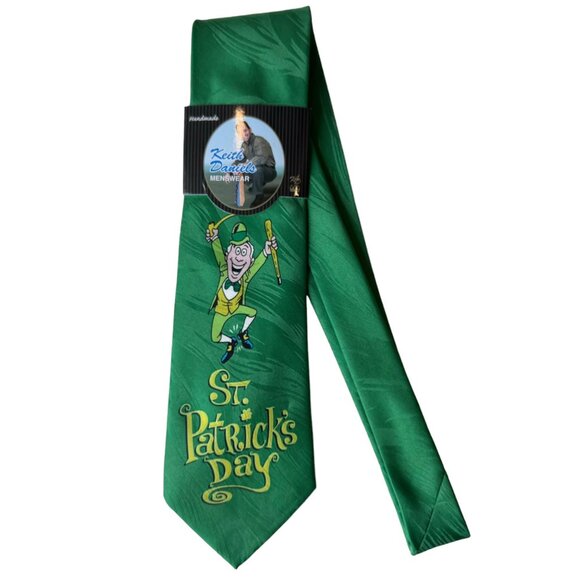 Keith Daniels Neck Tie Leprechaun St Pats Irish Milano Green Stripe Handmade - Picture 8 of 14